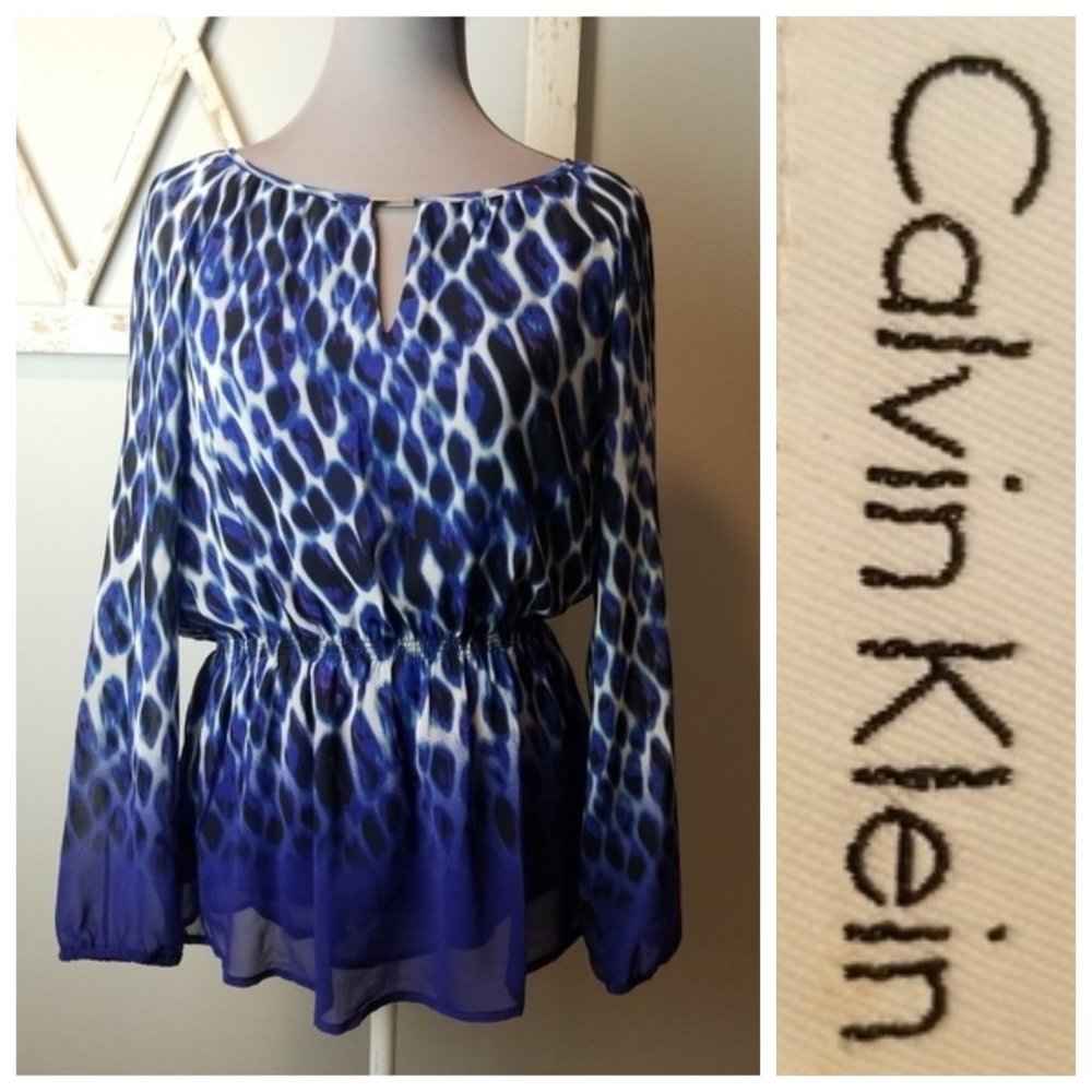 Calvin Klein blue elastic cinch waist blouse